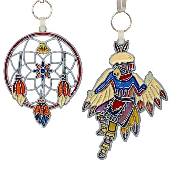 Suncatcher Kachina & Dream Catcher Native Acrylic Stained Glass VTG Set of 2 - Picture 2 of 11